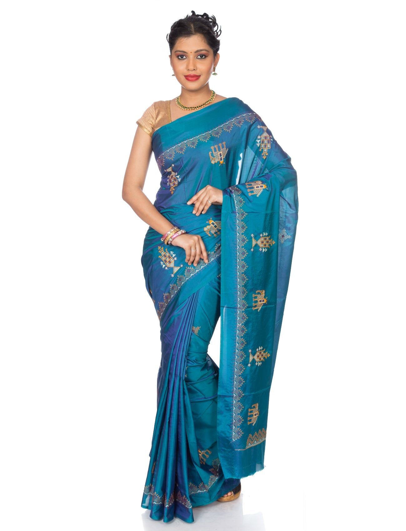 Turquoise Ilkal Saree - Art Silk Saree with Kasuti Embroidery