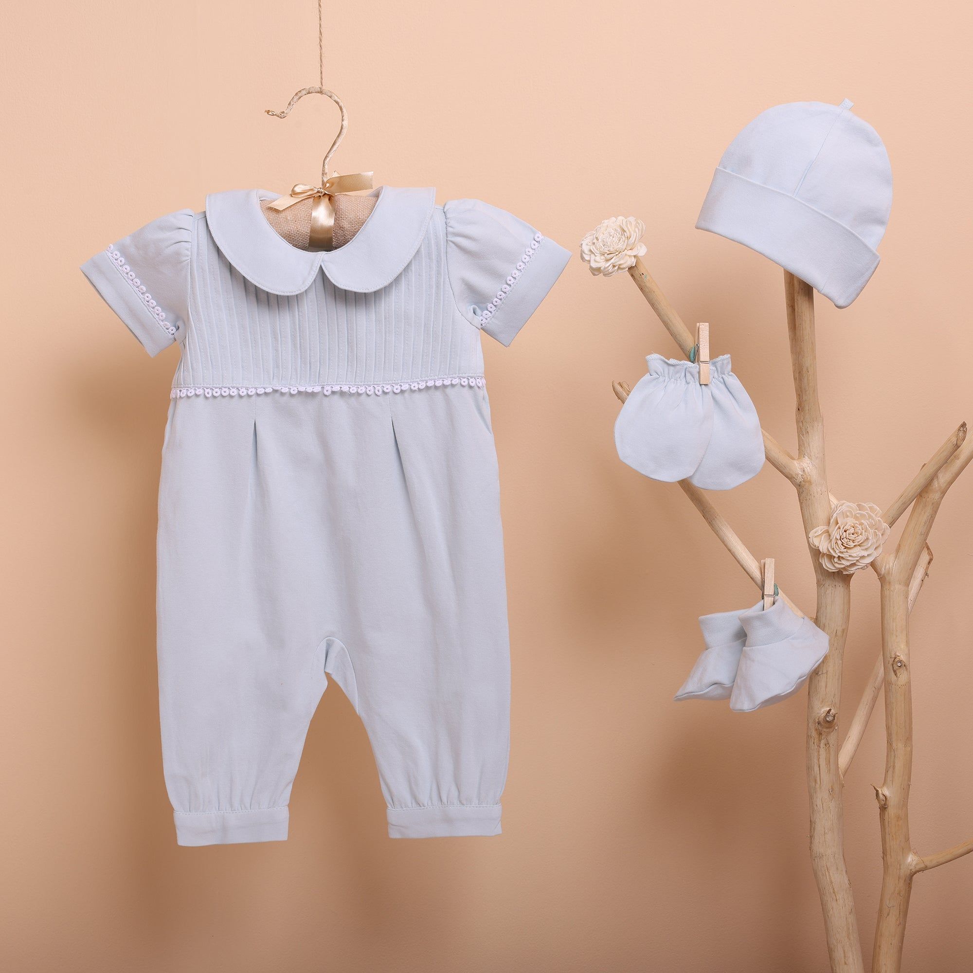 Poshaak Baby Bodysuit Set-Morning Mist / 0-3 months with Cap Mittens and Booties