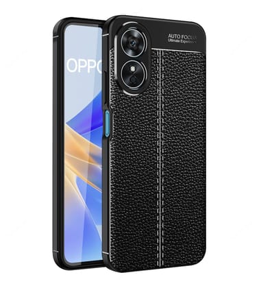 Vegan Leather Rugged Flexible TPU Series Shockproof Armor Back Cover for OPPO A17 4G, 6.56 inch, Black