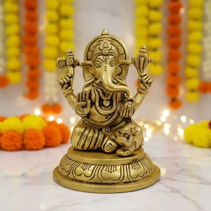 Brass Ganesh Statue – Lord Ganesha Brass Religious Showpiece, Height : 4.5 Inch (BSMAS1897 G)