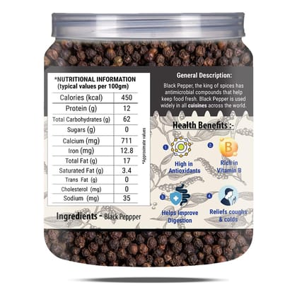 Brew Lab 100% Natural Whole Black Pepper (Sabut kali Mirch) | Peppercorn | Nalla Miriyalapudi | No Added Color | No Preservatives 250 gm