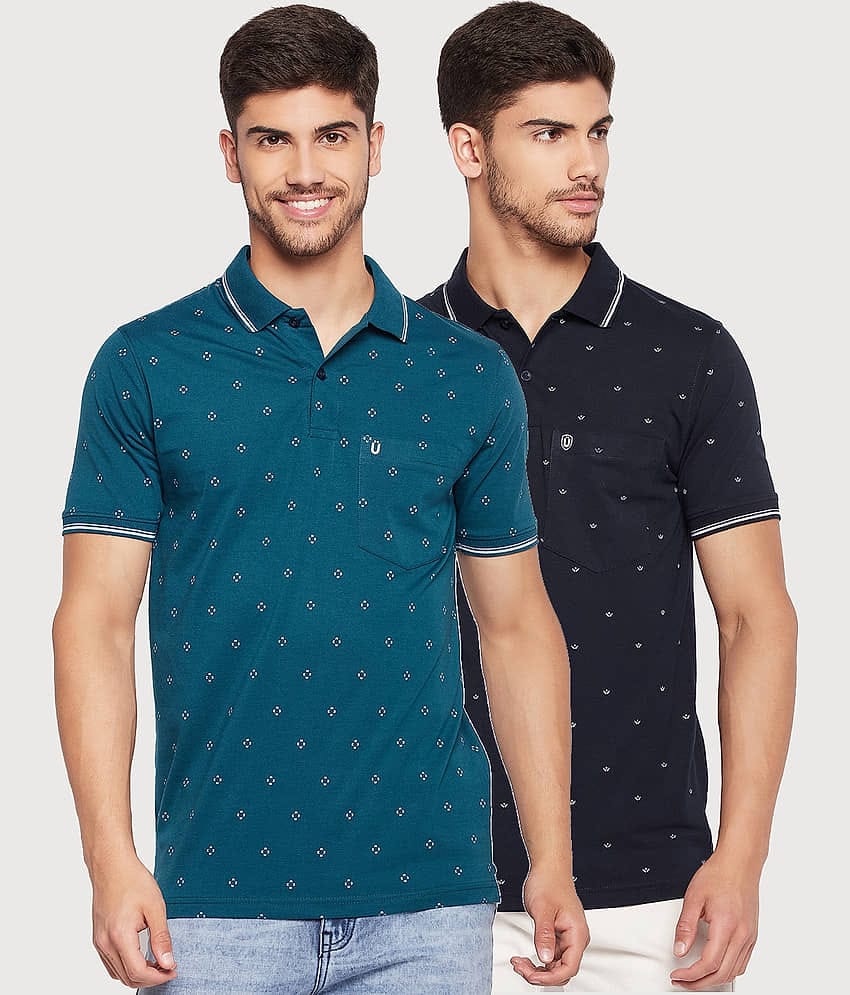 UNIBERRY Pack of 2 Cotton Blend Regular Fit Printed Half Sleeves Men's Polo T Shirt ( Teal Blue )