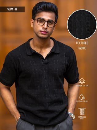 Emerald Knit Black Half Sleeve Polo T-Shirt-S