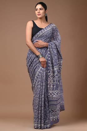 Mulmul Cotton Blockprinted Serene Slate Gray Saree