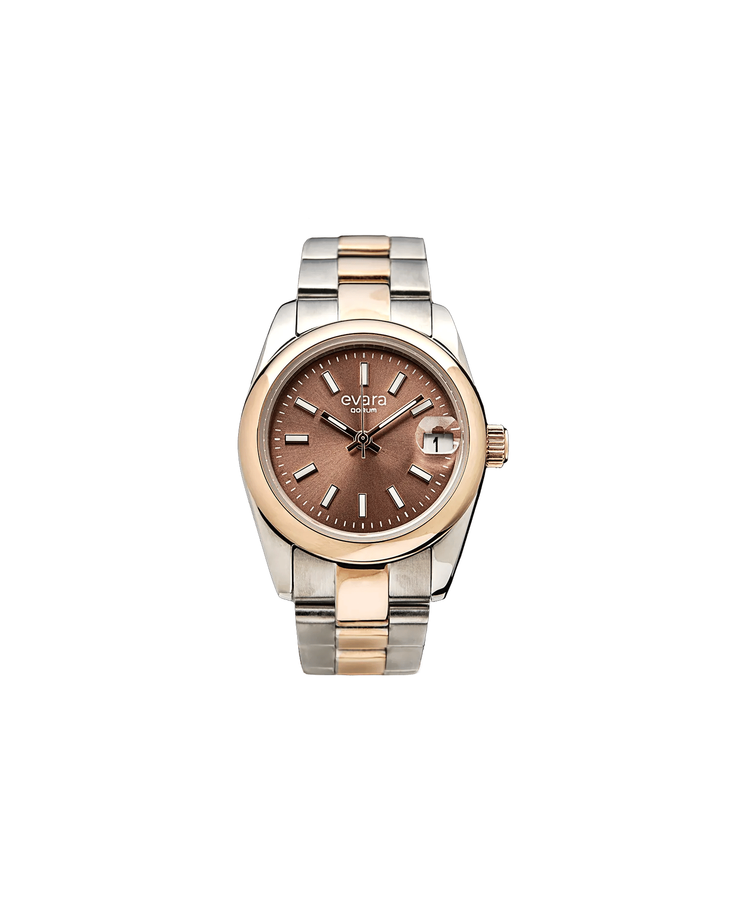 Qorum Evara Ladies Watch – Brown Dial, Date Display, Two-tone Rose Gold Plated Stainless Steel Strap