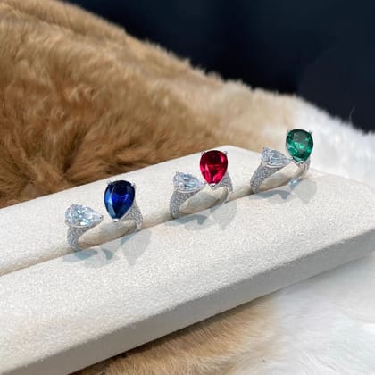 Dual Drop Solitaire Cubic Zirconia Silver Red Green Blue Anti Tarnish Free Size Ring For Women-Blue