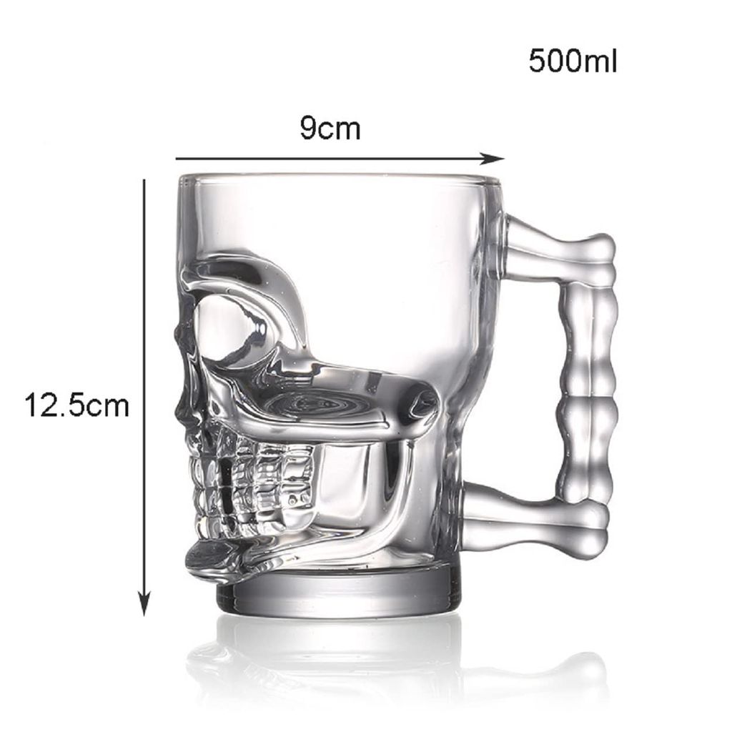 Skull Glass Beer Mug with Handle, Heavy Base Funny Beer Stein Cup Clear Drinking Glasses for Whisky, Wine, Juice, Bar, Halloween Decorations Gifts (510 ML)