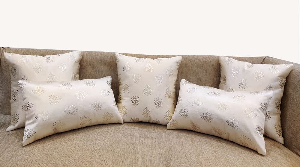 Cream Silver Foil Set of 5 Cushion Covers Combo for Sofa Home Bedroom