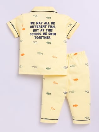 Sea theme Yellow Cotton Half Sleeves Nightwear Set-6-9 m