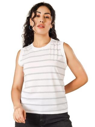 BlueFicus Women’s Casual Sleeveless White Striped Top | Soft Cotton Blend Regular Fit Tank Top