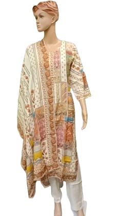 Women's Printed Muslin Kurta Set with Dupatta, 3/4 Sleeves, Off-White with Floral Pattern, Traditional Design