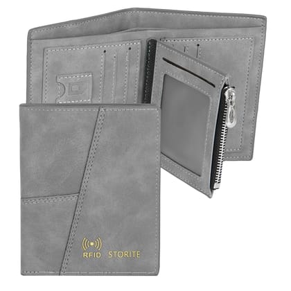 Storite Men's Tri-fold PU Leather RFID Blocking Credit Card Holder Money Wallet Zipper Coin Purse (Grey, 11.8 x 9.6 x 1.5 cm)