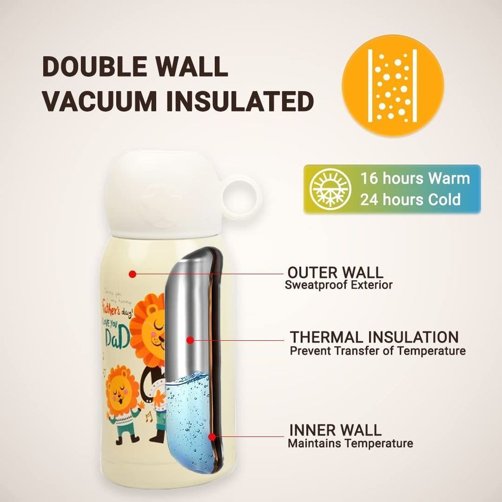 Femora Kids Lion Design Hot & Cold Thermosteel Water Bottle for Kids Double Walled Vacuum Insulated Stainless Steel Bottles with Bag (550 Ml) (Cream)