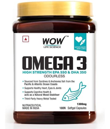 WOW Life Science Omega-3 Capsules With Fish Oil - Fatty Acid Enriched 180 Capsules