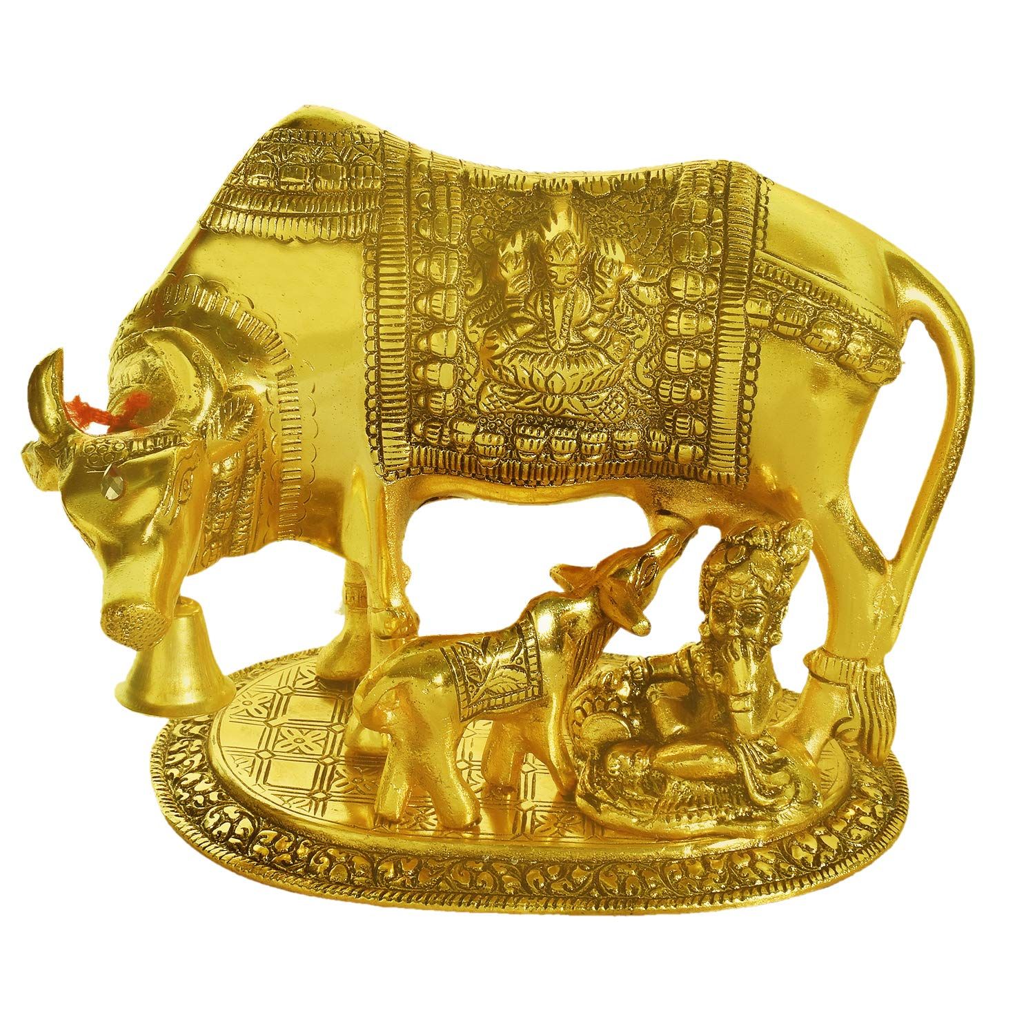 DreamKraft Metal Kamdhenu Cow And Calf With Krishna Showpiece Idol, Standard, Gold, 1 Piece