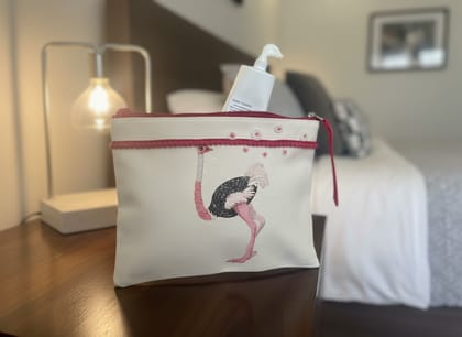 Ivvory Artisan Ostrich Utility Pouch (25cm x 18cm) | Hand Embroidered Wildlife Bag | Multipurpose Zipper Case