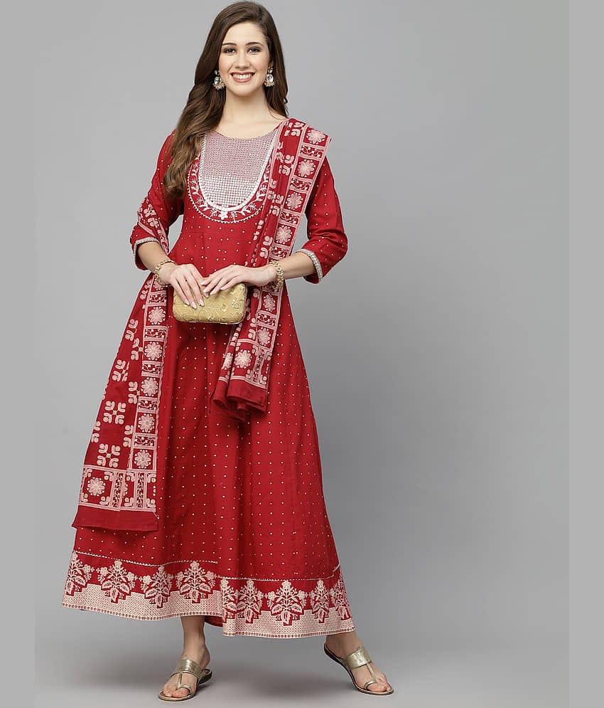 Stylum Cotton Embroidered Anarkali Women's Kurti with Dupatta - Maroon ( Pack of 1 )