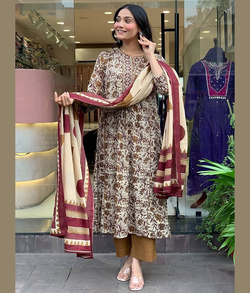 Niza Fashion Women Cotton Embroidered Straight Kurti With Pants ( Brown )