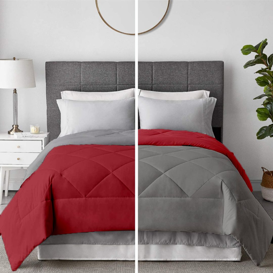 Razzai - 100 GSM Soft AC Comforter Hotel Quality-Down Alternative Reversible Comforter - All Season |AC Comforter/Blanket/Quilt/Rajai Double Bed|Silver/Burgundy-Single / Burgundy