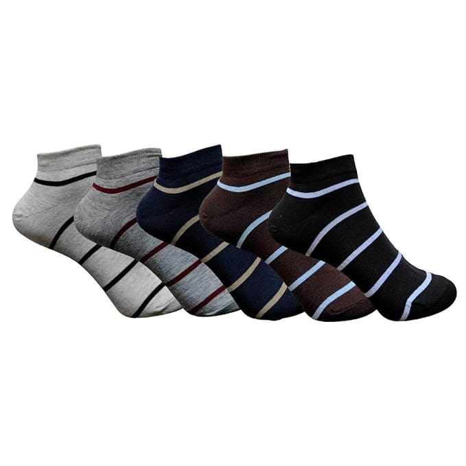 VOICI France Men's and Boys ankle length socks Black white grey Black multicolored cotton blend free size pack of 5 - Multi-2