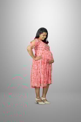 Pinkish red with white abstract print box pleated dress