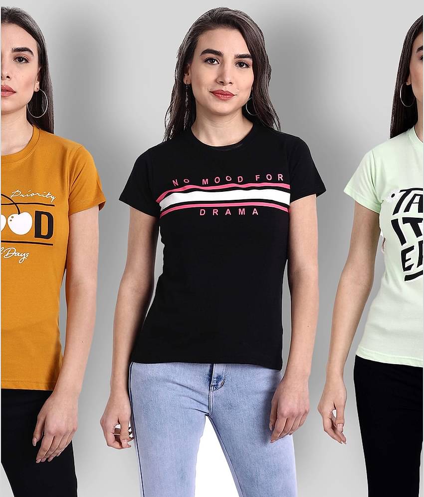 Fabflee Women Cotton Regular Fit Round Neck T-Shirt ( Multi Color )