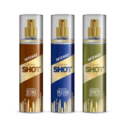 Layer�r Shot Gold Combo Sporty, Ultima & Passion Body Spray for Men, 3�135ml | Long-Lasting Premium Fragrance | Fresh, Woody & Oceanic Scents | Everyday Wear | IFRA Certified