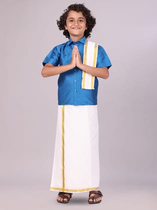 Boys Blue Color Half Sleeves Shirt with Gold Jari Flexi Dhoti Adorable Boy-Kids 01 - 02 Yrs / H/S / Dark Blue
