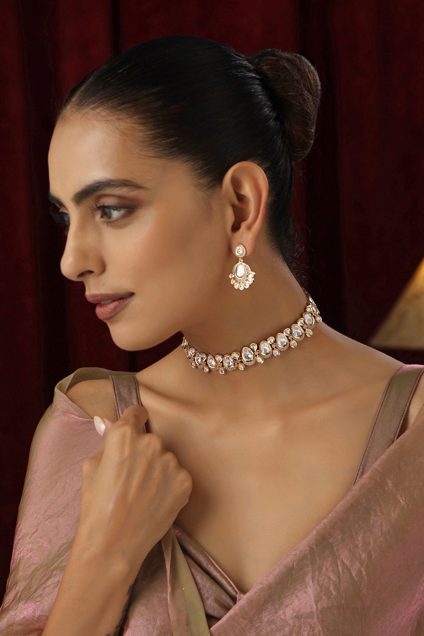 Inaya Rose Gold Polki Choker Neklace Set-Polki