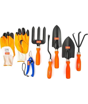 Globus 515-Garden Tool set/6-Stainless Pruner/Cutter/Secateur (7 inch/18cm) ,(TRANSPLANTER), (BIG TROWEL),(WEEDER FORK) ,(WEEDER), (CULTIVATOR) AND GLOVES Garden Tool Kit