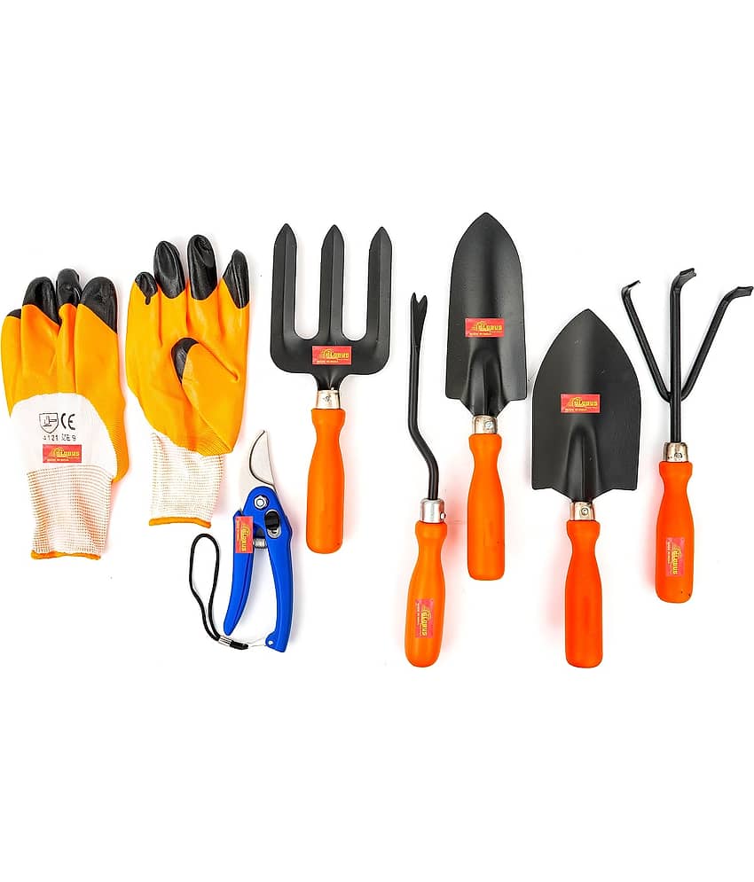 Globus 515-Garden Tool set/6-Stainless Pruner/Cutter/Secateur (7 inch/18cm) ,(TRANSPLANTER), (BIG TROWEL),(WEEDER FORK) ,(WEEDER), (CULTIVATOR) AND GLOVES Garden Tool Kit