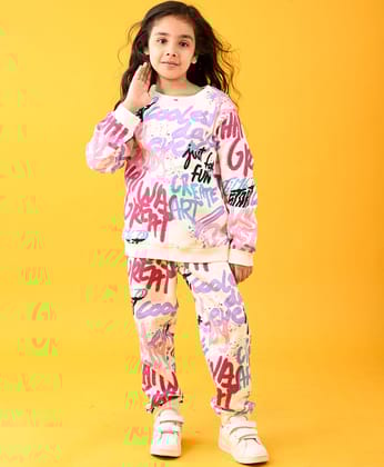 CREATE ART WARM FLEECE GIRLS ROUND NECK SWEATSHIRT JOGGER SET - WHITE-0-6 MONTHS / 2N / WHITE