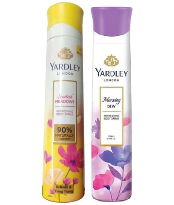 YARDLEY LONDON 1 SCOTTISH MEADOWS , 1 MORNING DEW BODY  SPRAY 150 ML EACH PACK OF 3 .