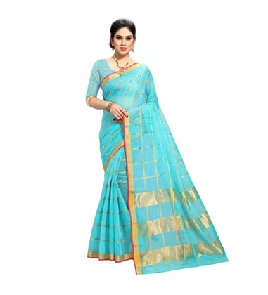Generic Women's Kota Doria Cotton Saree With Blouse (Sky Blue,6-3  Mtr)