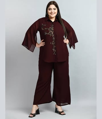 PrettyPlus by Desinoor Women Georgette Embellished Shirt Style Kurti With Palazzo ( Green )