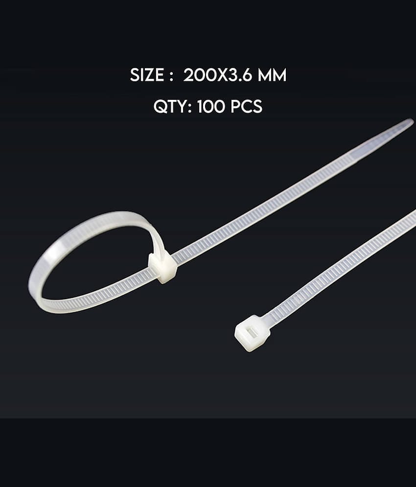 "Teeth Grip Nylon Self Locking Cable Ties, White (200 mm x 3.6 mm, Pack of 100) Cable Tie