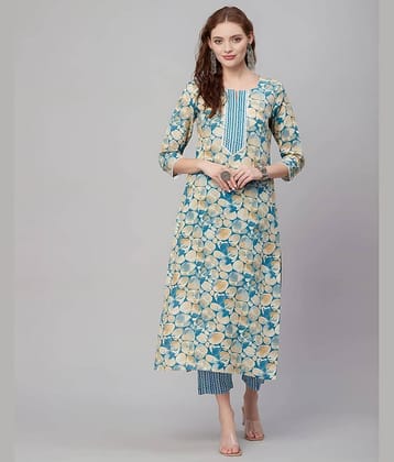 AK FASHION MALL Women Cotton Blend Printed Straight Kurti With Pants ( Blue )