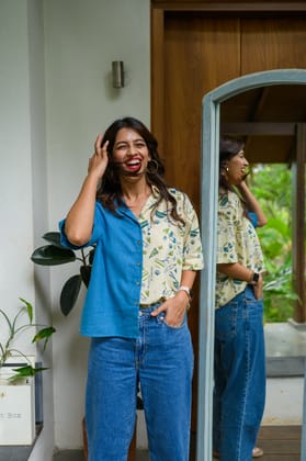 Handblock Printed Cotton Shirt - Blue-XS