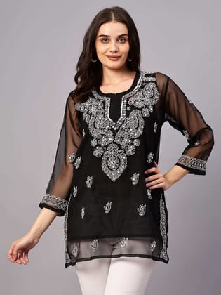MRS RIGHT CHIKANKARI GEORGETTE FABRIC MIRROR EMBROIDERED BLACK SHORT TOP KURTI
