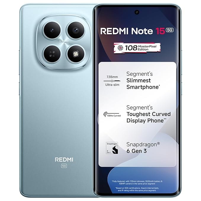 REDMI Note 15 5G (Glacier Blue, 8GB RAM 256GB Storage) | 108MP OIS Camera | Snapdragon 6 Gen 3 | 17.2cm Tough Curved AMOLED Screen | Segments Slimmest Phone | 5520mAh Si/C Battery | 45W Fast Charging