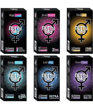 NottyBoy Assorted Pack 4 IN 1 & 3 IN 1, Ribbed, 1500 Dots, Contour, Long Time, Ultra Thin, Extra Lubricated Condoms For Men -  60 Units