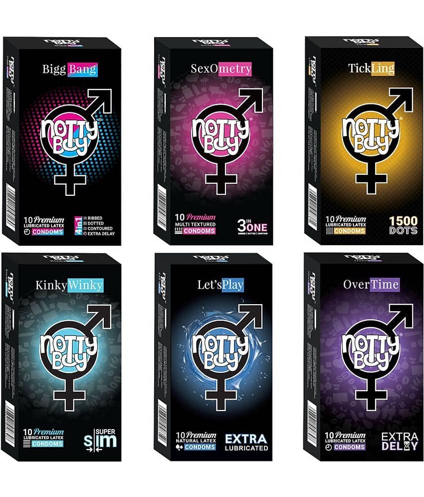 NottyBoy Assorted Pack 4 IN 1 & 3 IN 1, Ribbed, 1500 Dots, Contour, Long Time, Ultra Thin, Extra Lubricated Condoms For Men -  60 Units