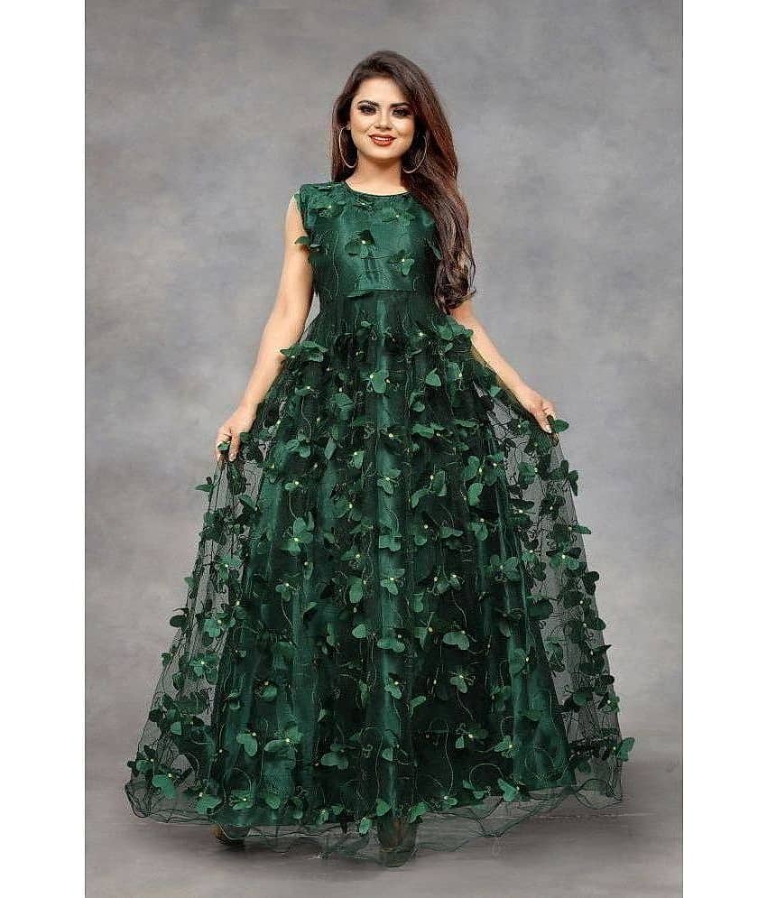 Aika Women Net Applique Ethnic Dress ( Green )