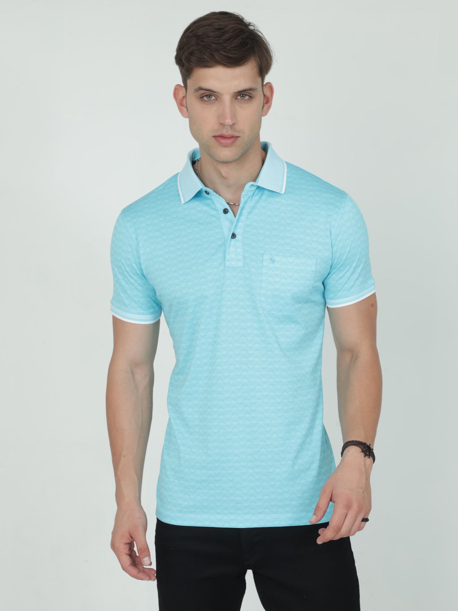 Classic Polo Mens Cotton Half Sleeves Floral Slim Fit Polo Neck Aqua Color T-Shirt | Scant - 28 A Sf P