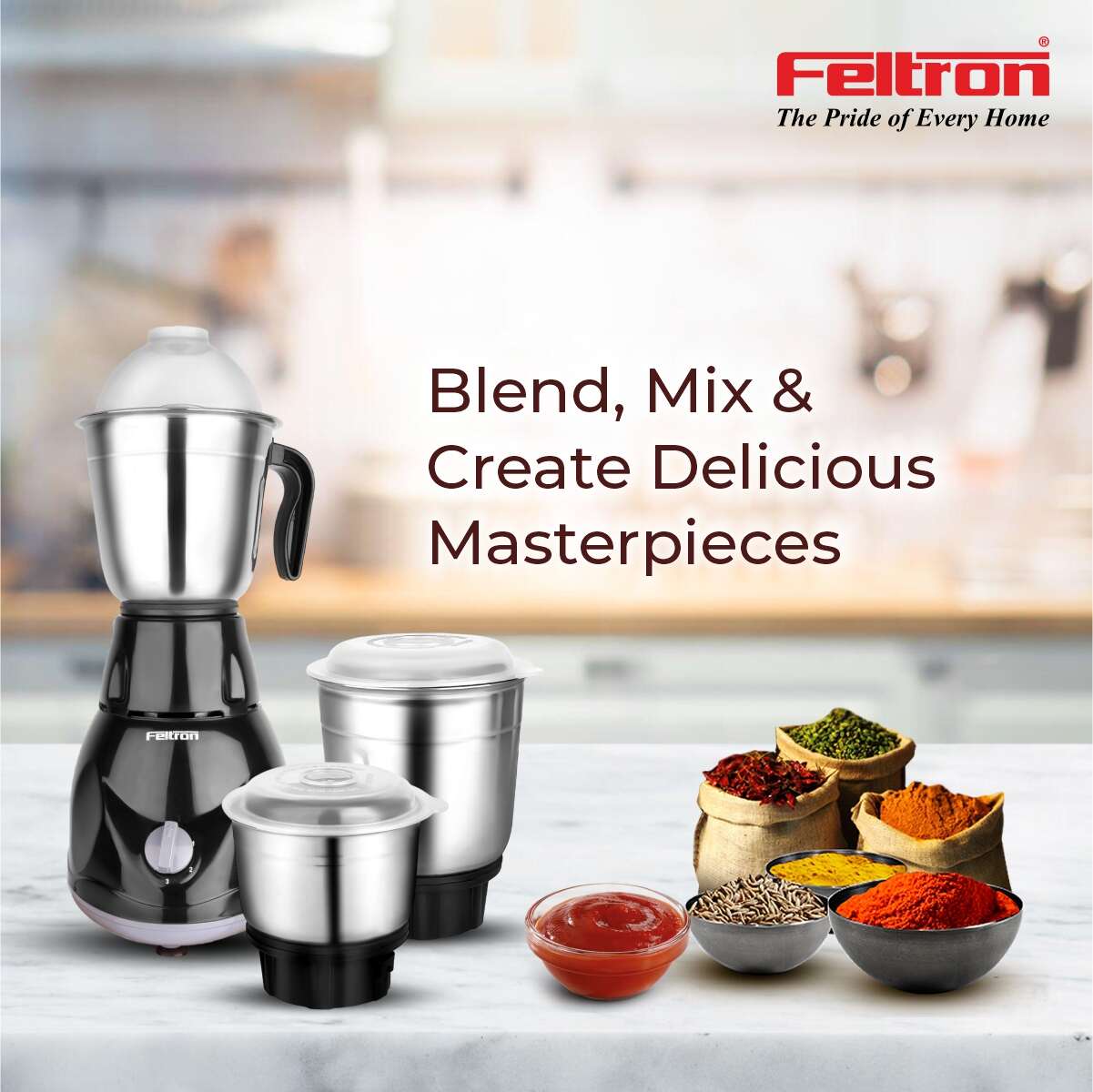 Feltron Turbo Blend Pro Mixer Grinder 500W (3 Jar)