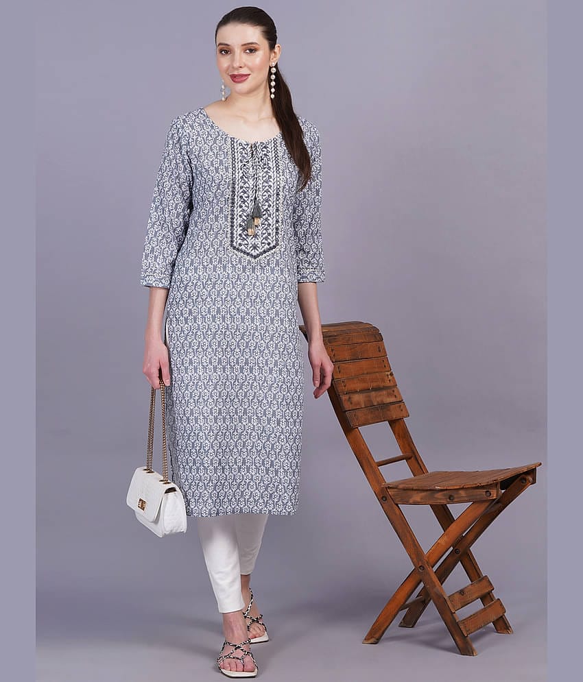 JC4U Cotton Printed Straight Women's Kurti - Grey ( Pack of 1 )