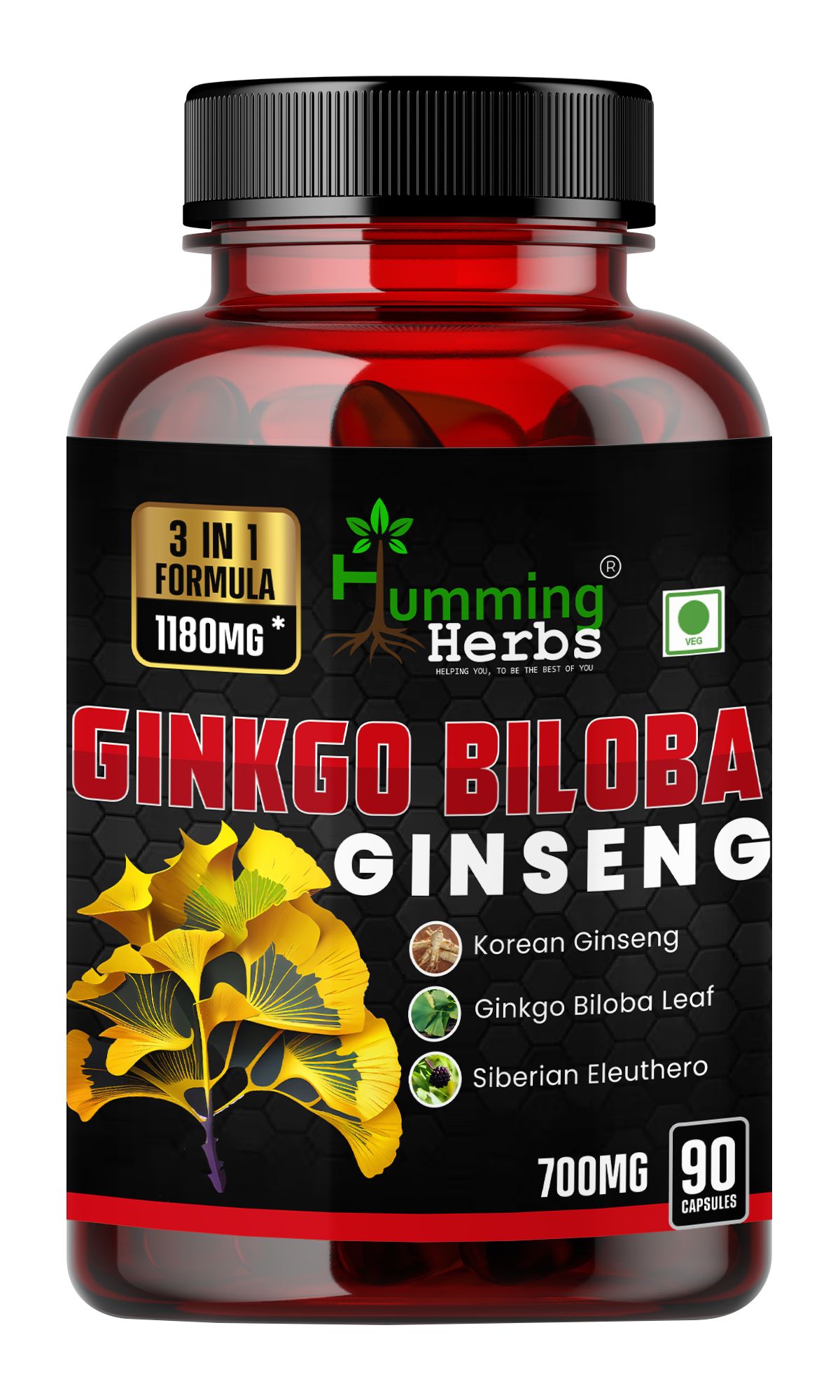 Humming Herbs Ginkgo Biloba Ginseng - Cognitive Function & Energy Support Herbal Supplement | Ginkgo Biloba Leaf, Siberian & Korean Eleuthero Root Extract Ginseng, 90 Capsules