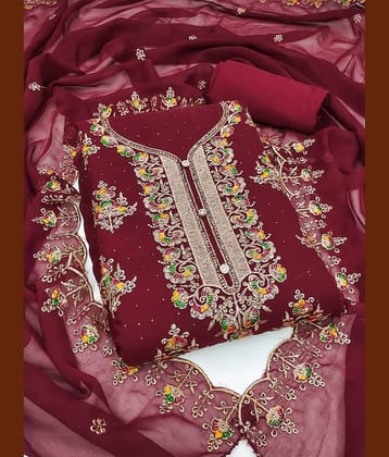 Rangtulika Ethnics Unstitched Georgette Embroidered Dress Material - Maroon ( Pack of 1 )