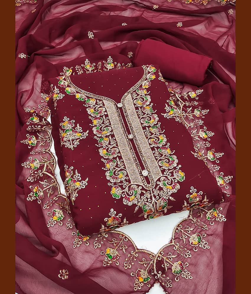 Rangtulika Ethnics Unstitched Georgette Embroidered Dress Material - Maroon ( Pack of 1 )