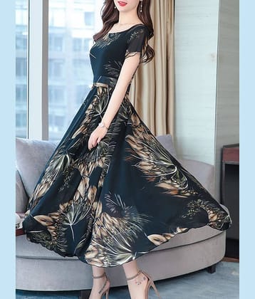 Raabta Fashion Women Georgette Printed Fit & Flare Dress ( Black )